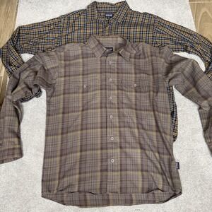 Patagonia Shirt Lot 2 Mens Medium Brown Blue Plaid Organic Cotton Button Front